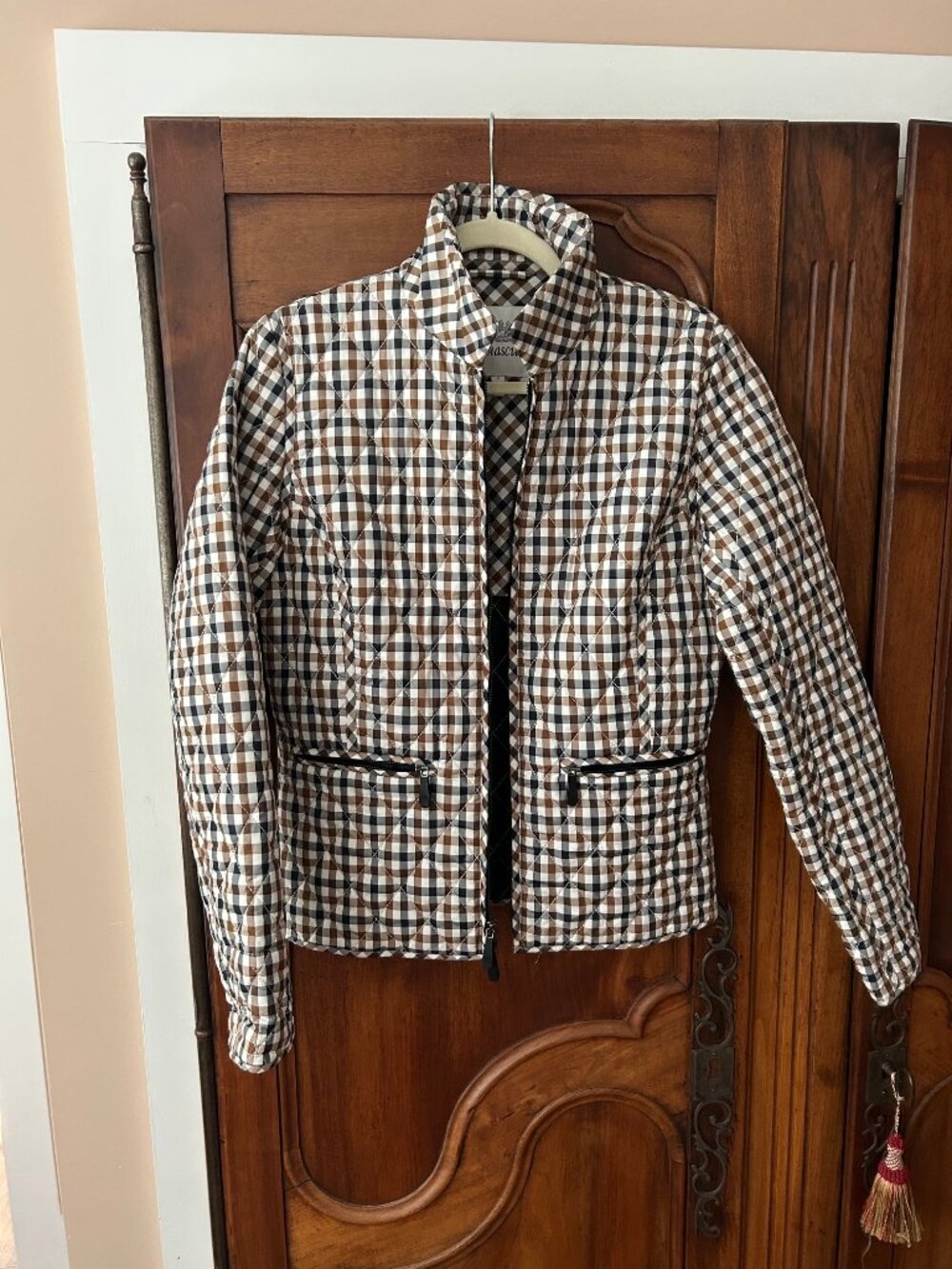 Aquascutum signature brown and black check women’s quilted jacket, size M